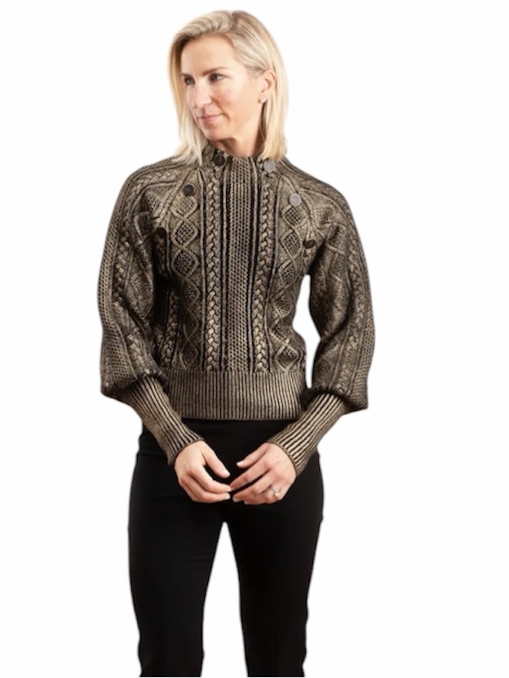 Veronica Beard | Women’s Gold Black Cable Knit Grady Sweater Size S Wool Blend